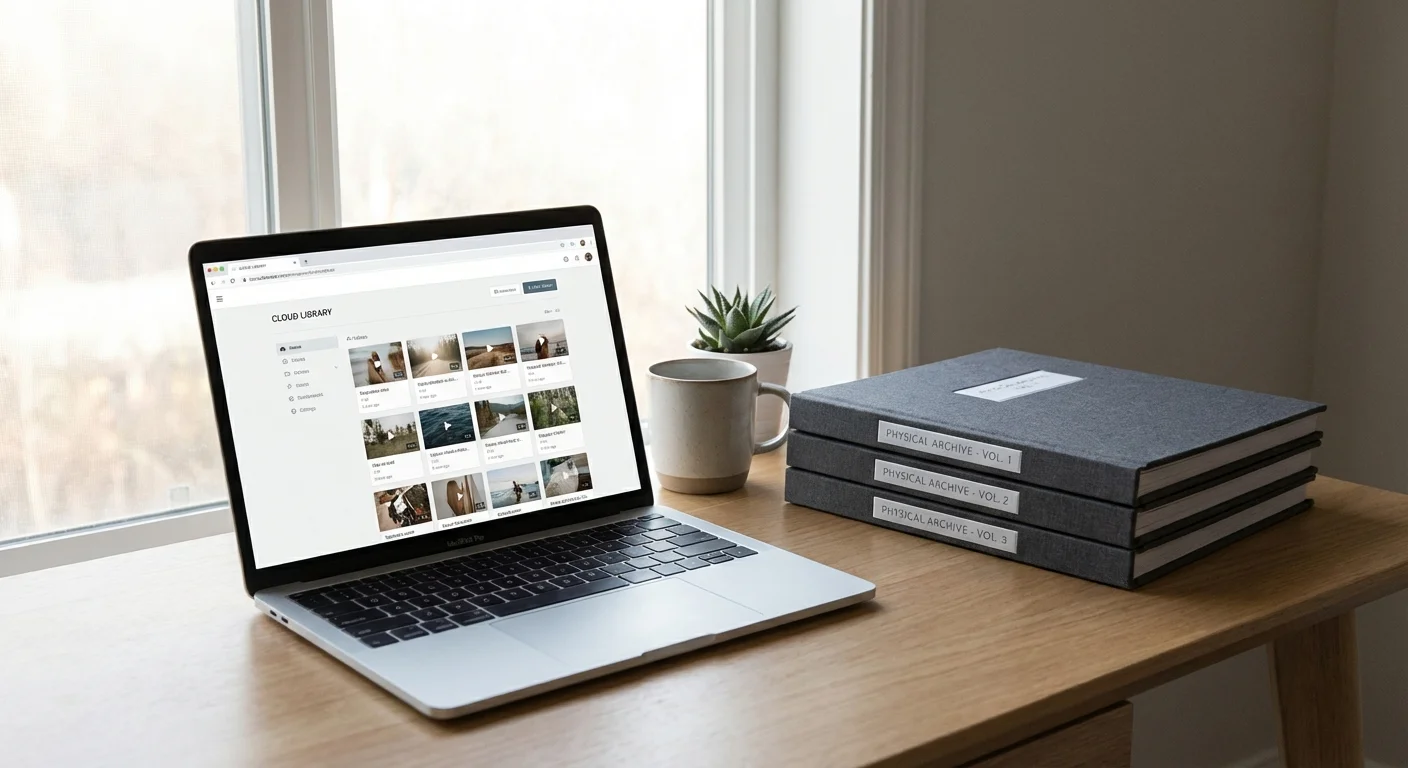 A laptop showing a video hosting site next to a stack of elegant photo albums on a wooden desk.