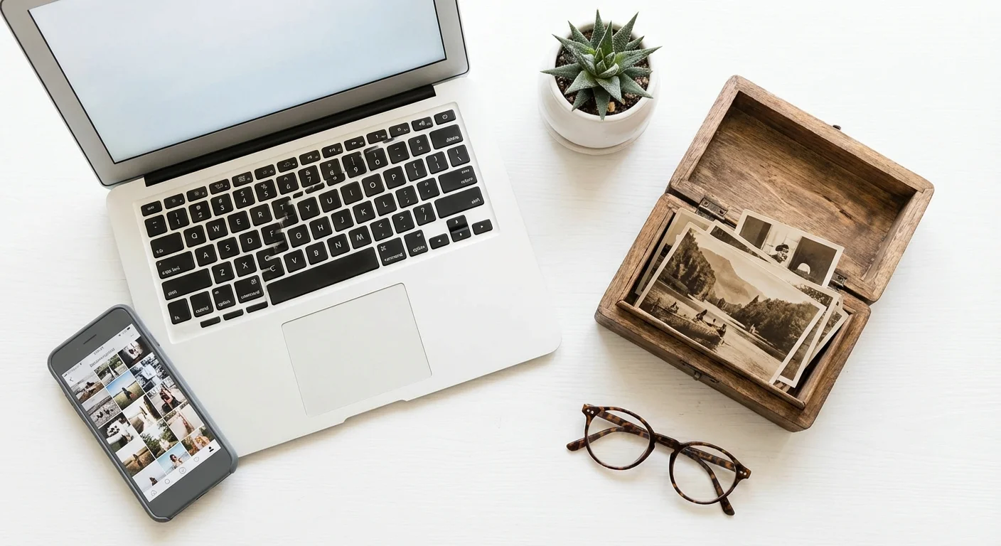 A laptop, smartphone, and box of printed photos organized on a bright, minimalist workspace.