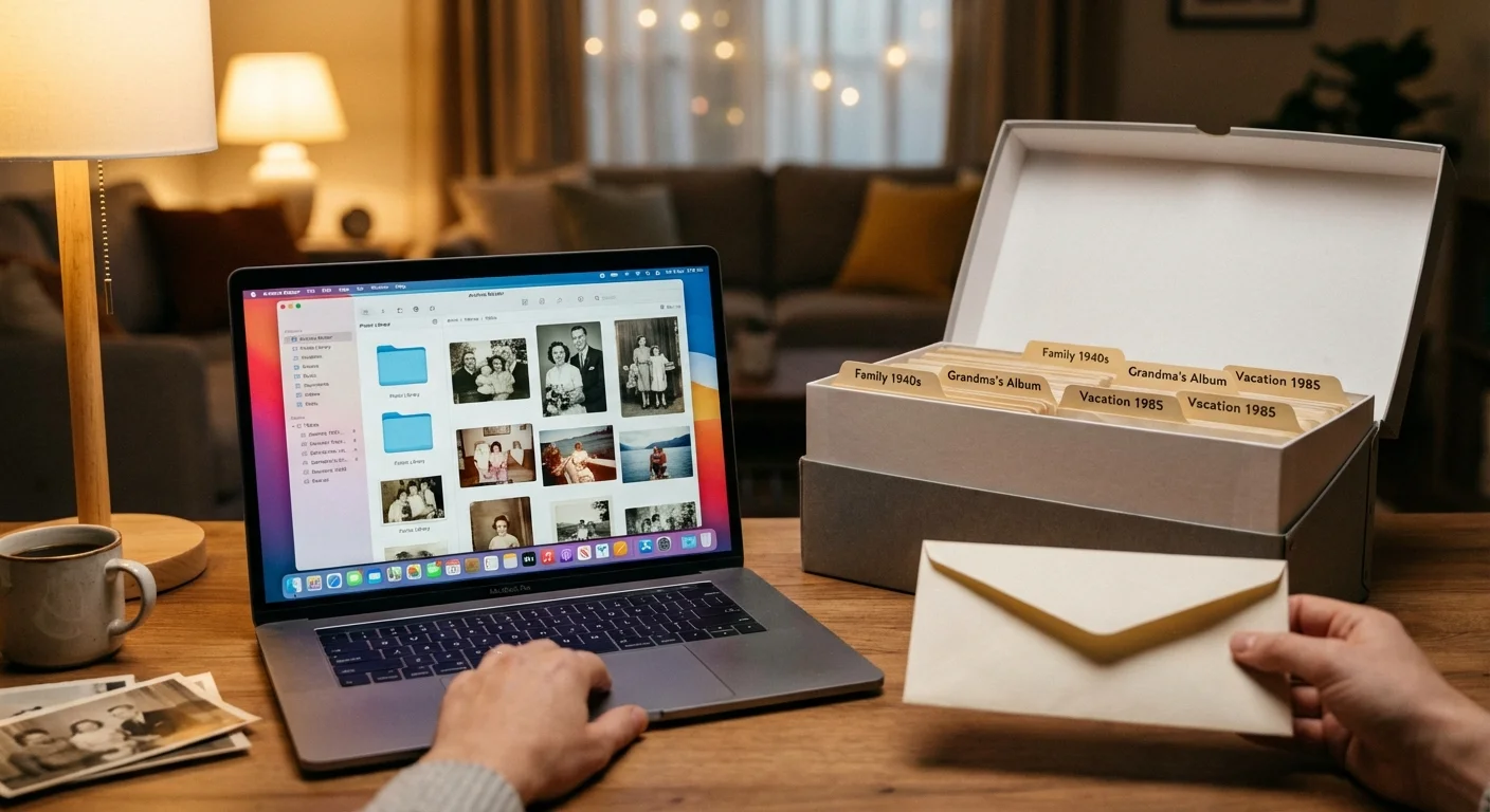 A laptop with photo software next to a physical archival box, showing digital and physical storage.