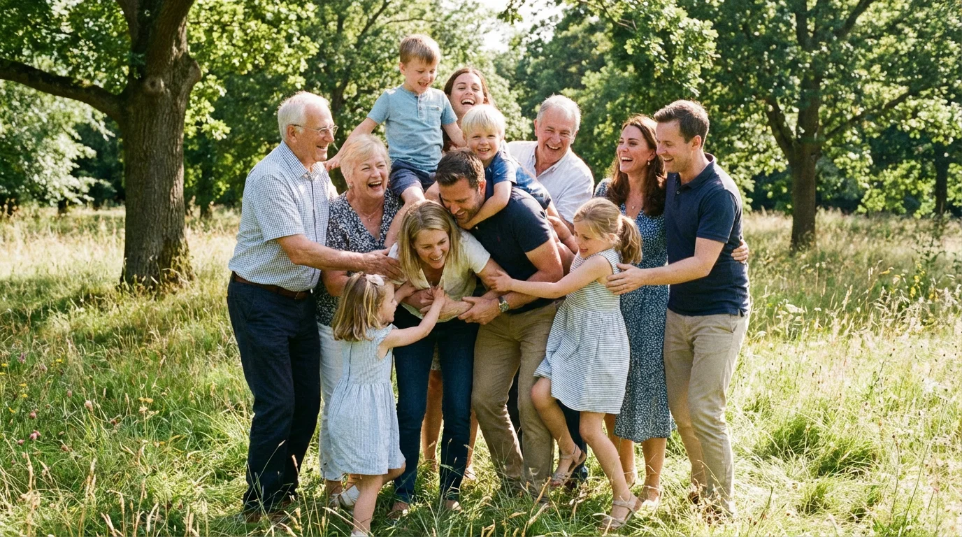 A large family group hugging and laughing together in a park.