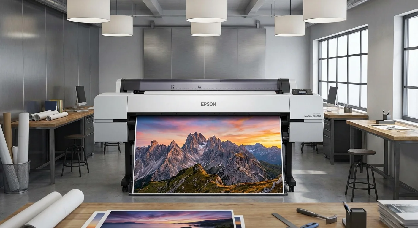 A large-format printer producing a high-quality, detailed photo poster.