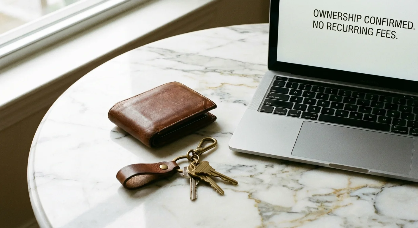 A leather wallet and keys next to a laptop on a clean marble surface.