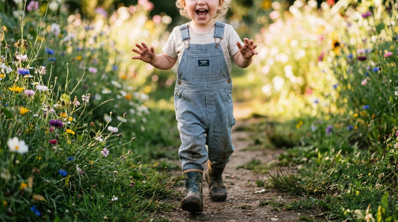 A low-angle shot of a toddler running on a path, taken from the child's eye level.