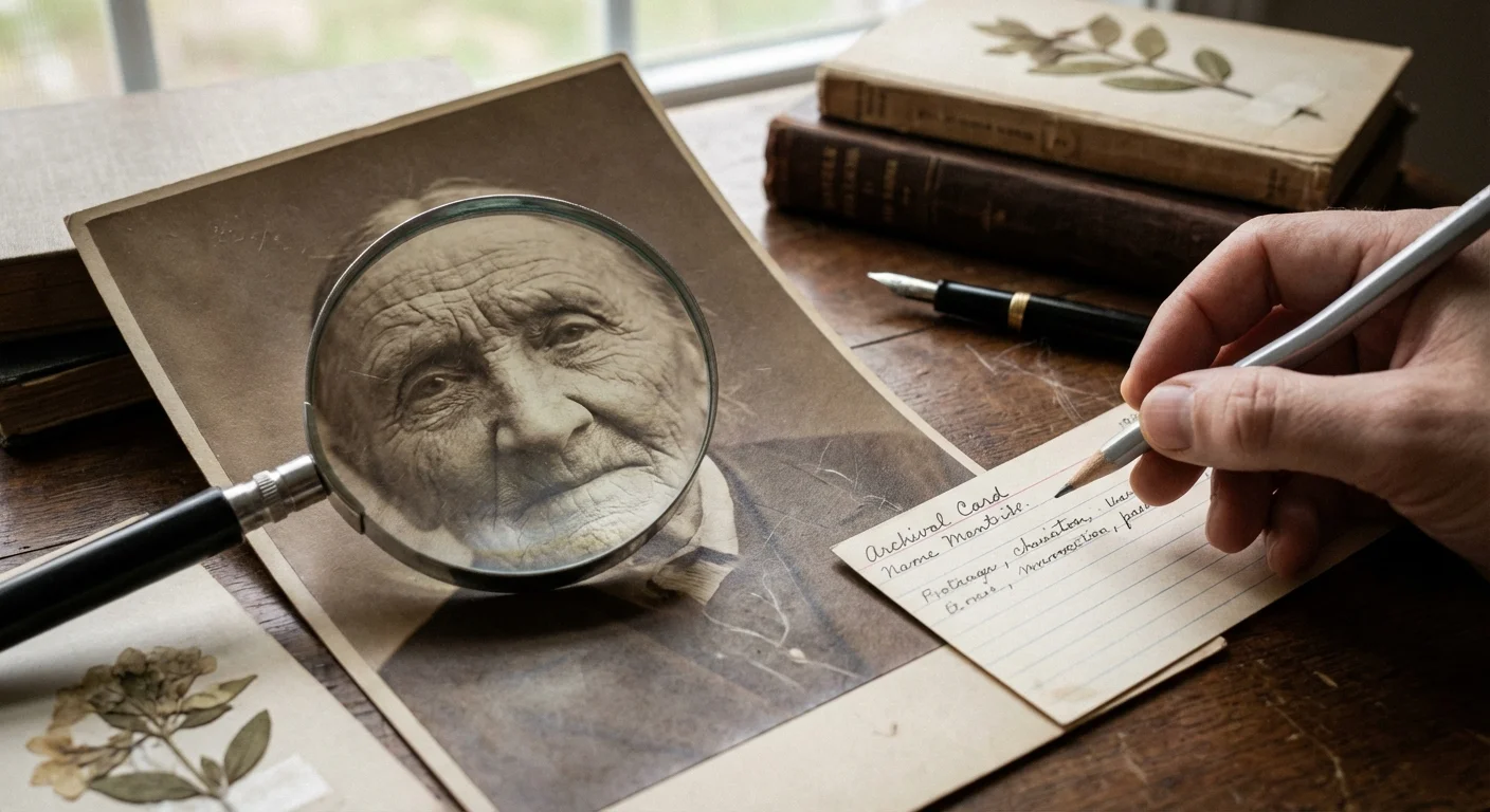 A magnifying glass enlarging a face on an old sepia photograph during identification work.