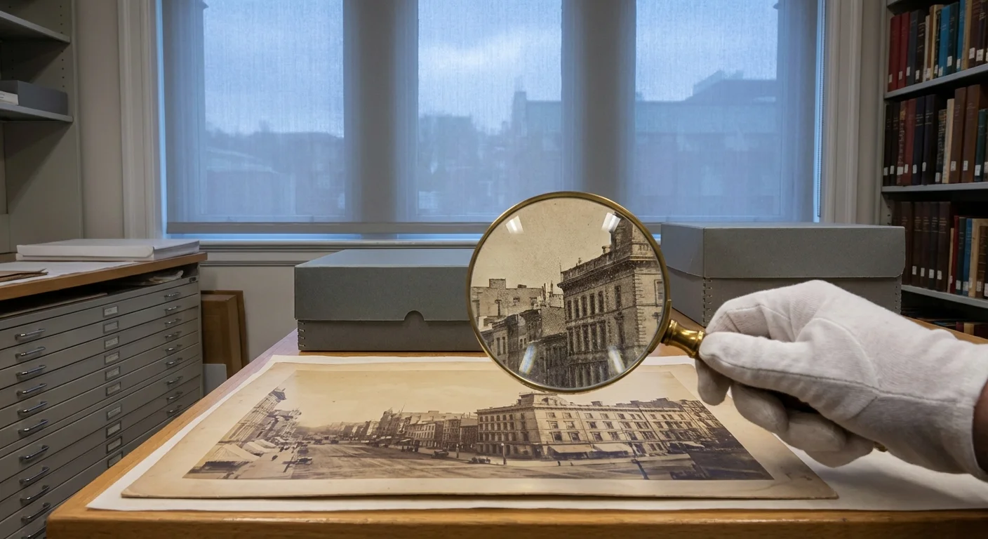 A magnifying glass held over a vintage photo to inspect its condition.