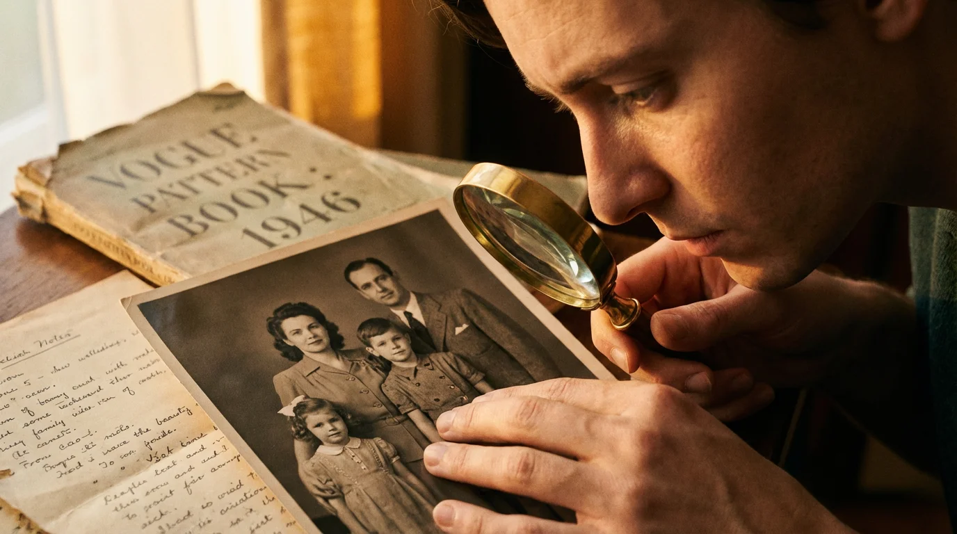 A magnifying glass hovering over an old photograph to reveal small details.