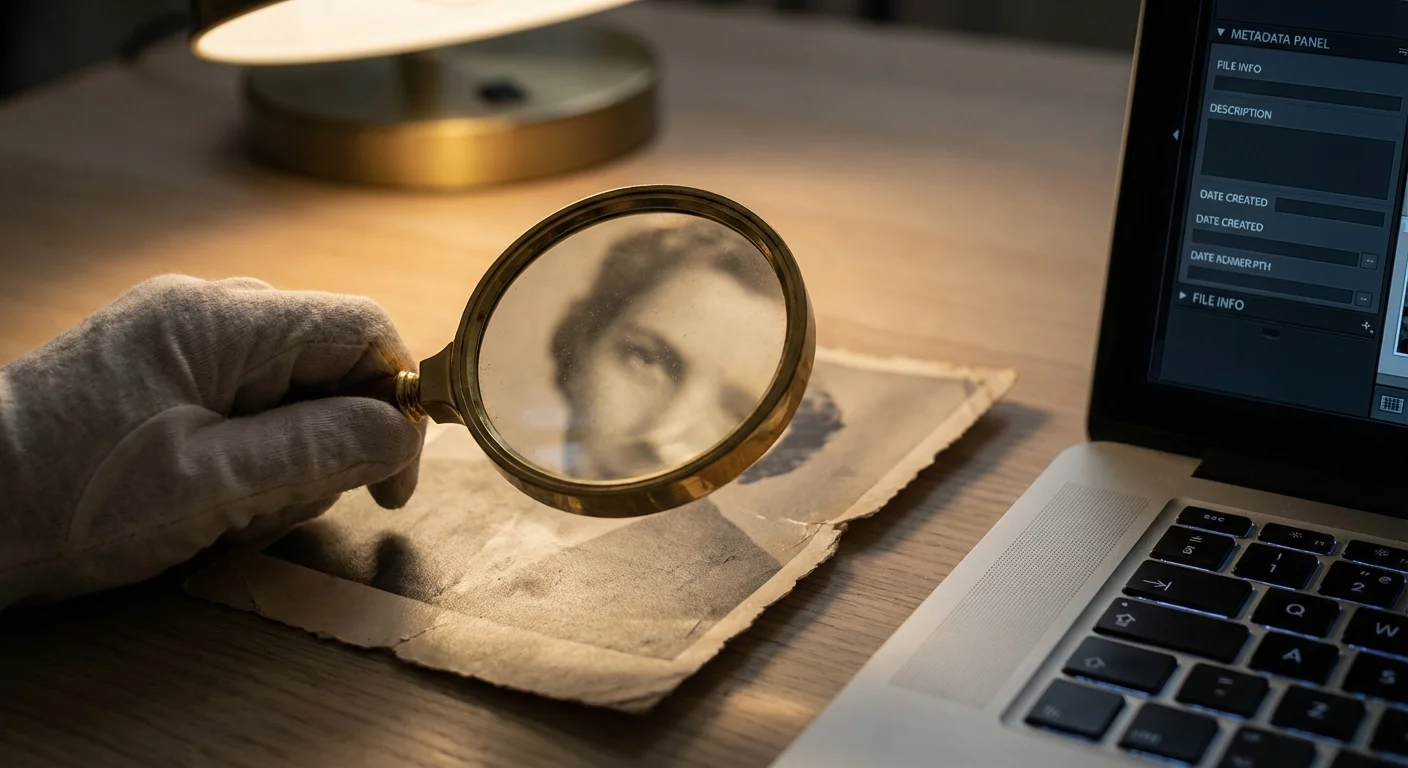 A magnifying glass over an old photo next to a laptop showing digital file data.