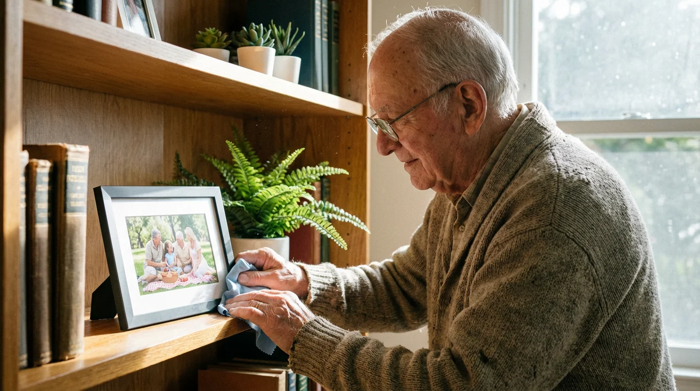 A man carefully cleaning a digital photo frame on a bookshelf with a soft cloth.
