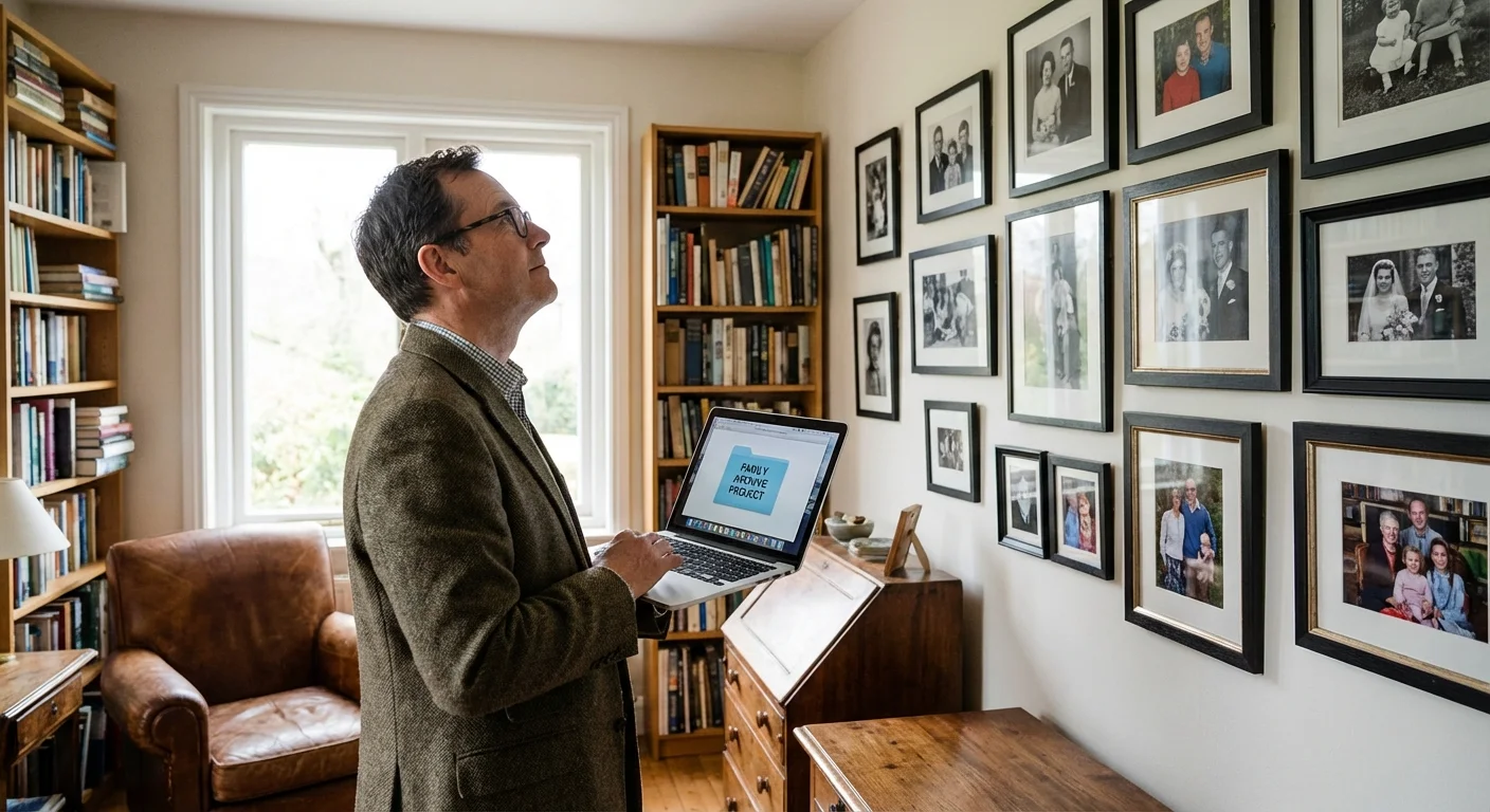 A man looking at a wall of framed family photos while holding a laptop.