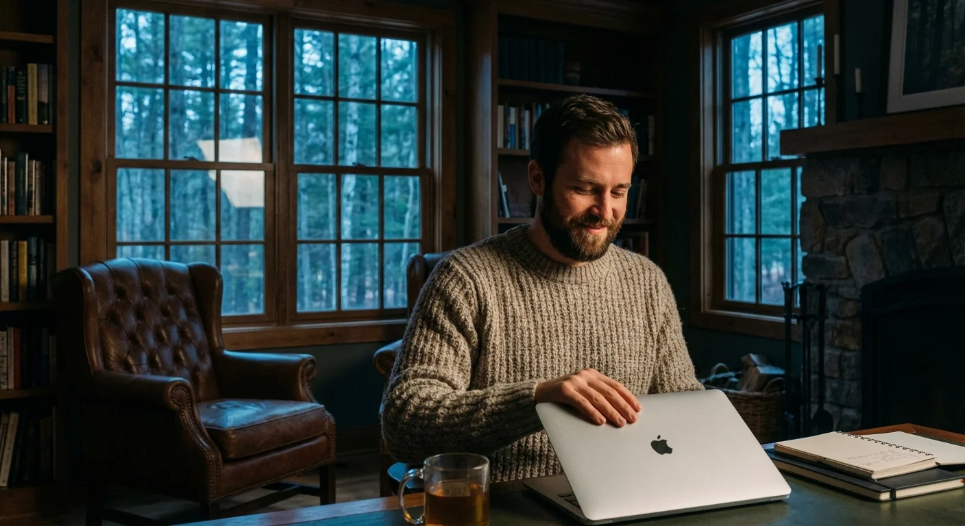 A man thoughtfully closing his laptop in a secure, quiet home library.