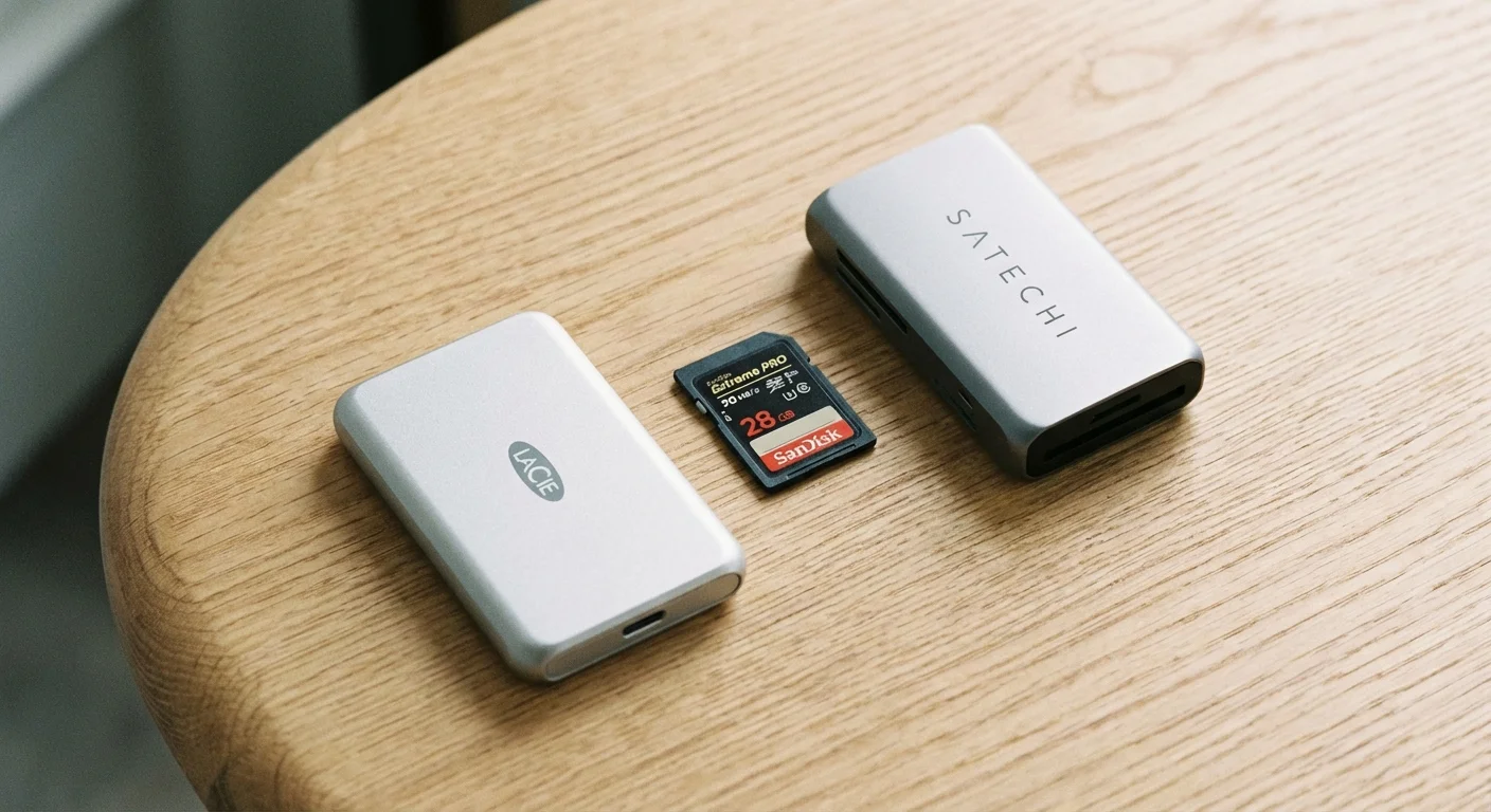 A minimalist arrangement of a portable SSD, memory card, and card reader.