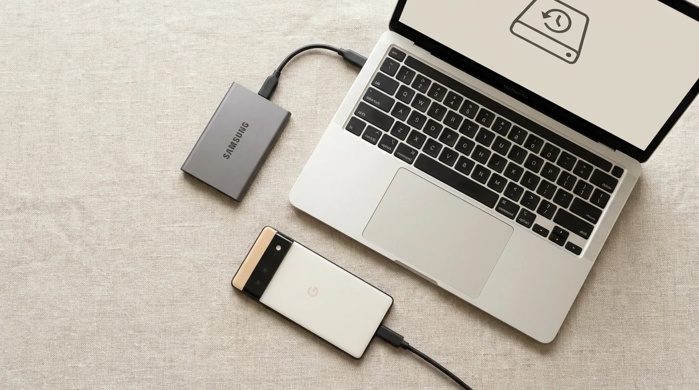 A minimalist flat lay of a laptop, SSD, and smartphone representing the 3-2-1 backup rule.