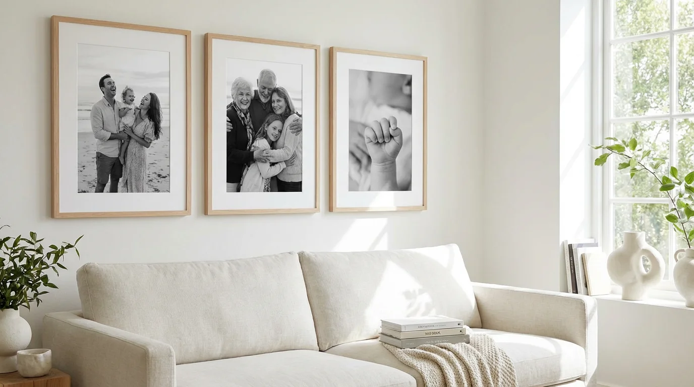 A minimalist gallery wall with three framed family photos in a bright room.