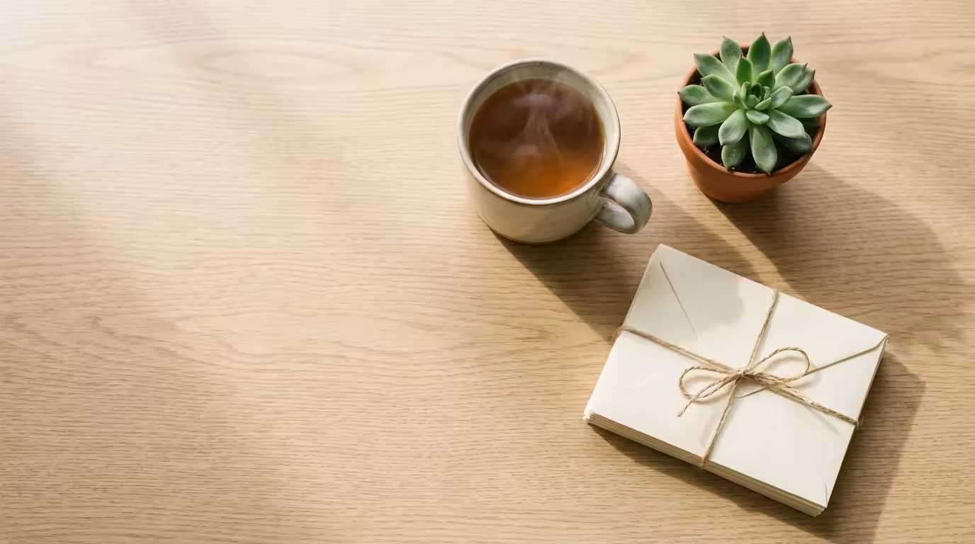 A minimalist, tidy desk with tea and a plant, prepared for photo sorting.