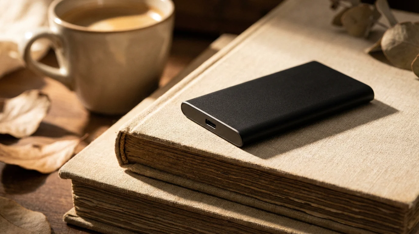 A modern black portable SSD drive resting on top of high-quality linen photo albums.