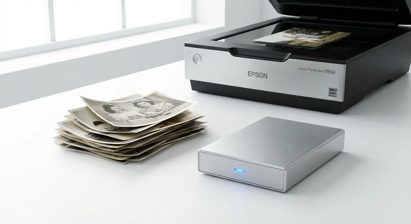 A modern external hard drive resting next to a stack of old photos on a bright desk.