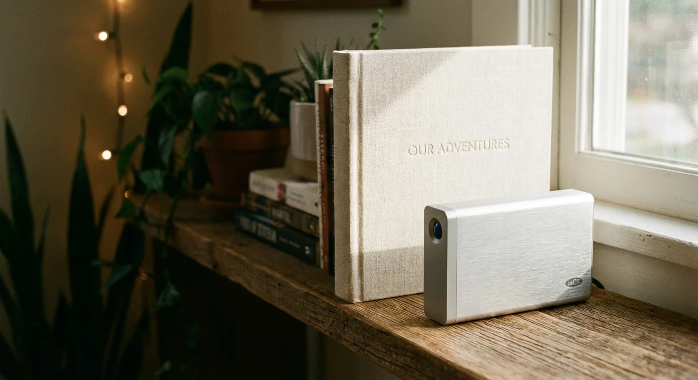 A modern hard drive and a linen photo album side-by-side on a shelf.