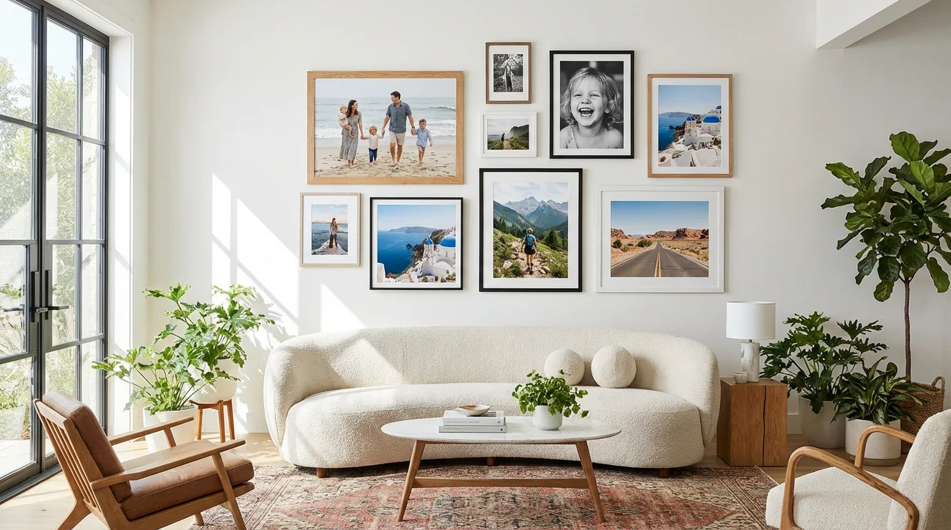 A modern living room with a curated gallery wall of framed family photos.