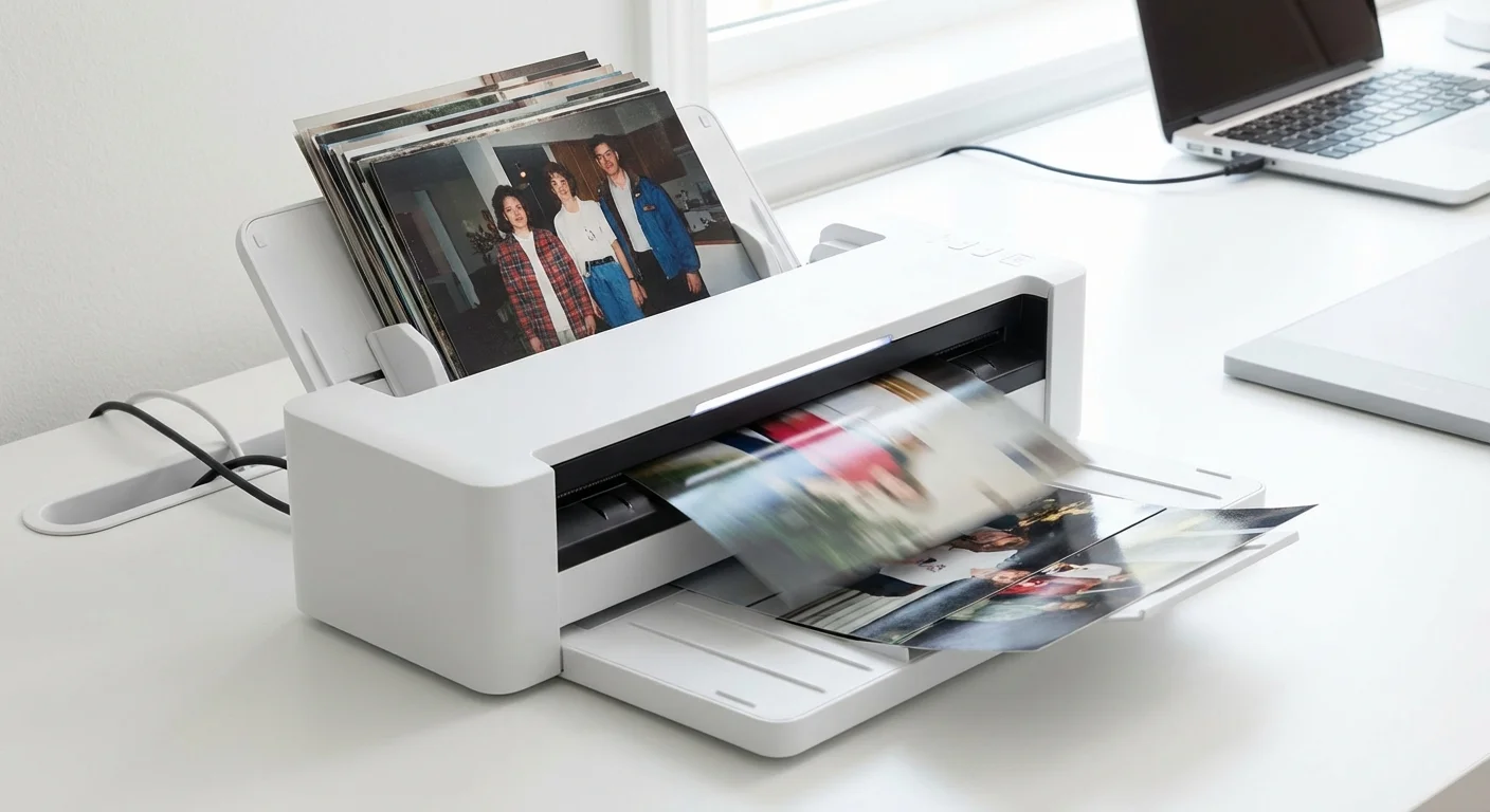 A modern sheet-fed photo scanner quickly processing a stack of color prints in a bright office.