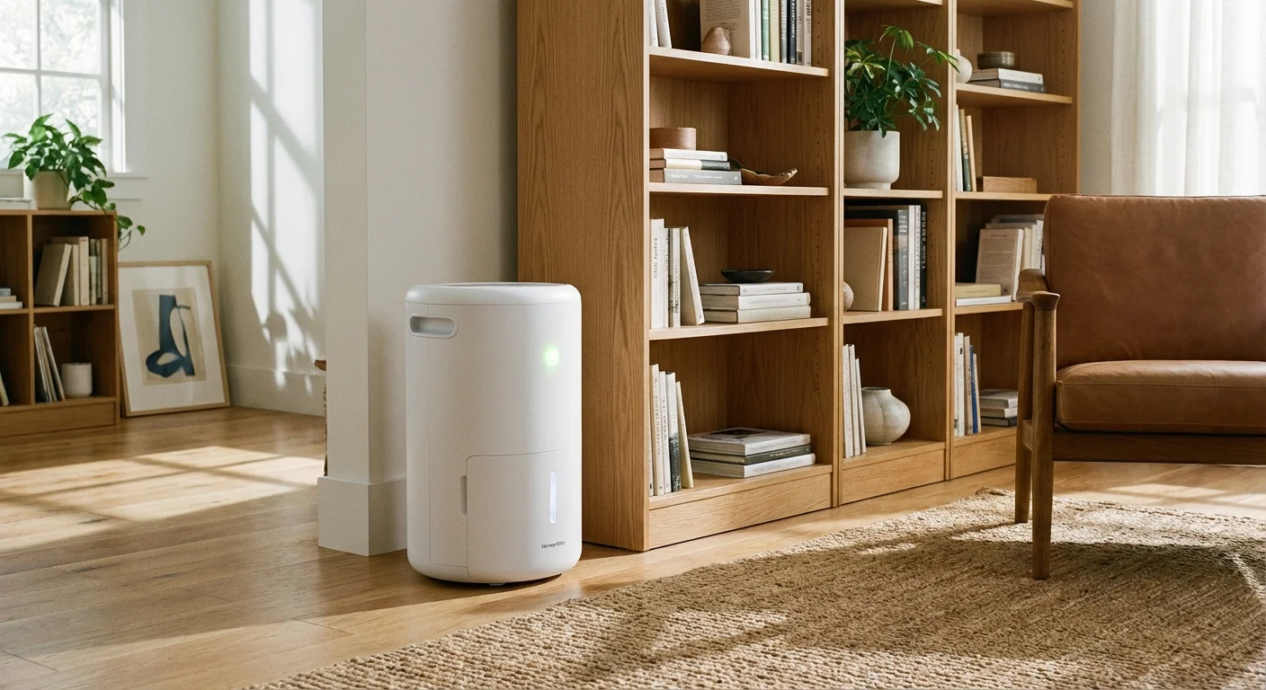 A modern white dehumidifier in a stylish, organized room with bookshelves.