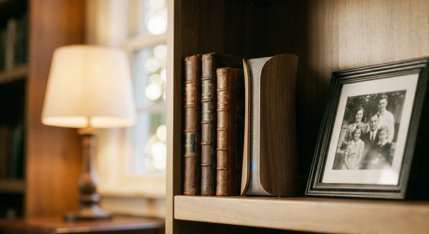 A modern Wi-Fi router on a bookshelf next to old books and a framed family photo.