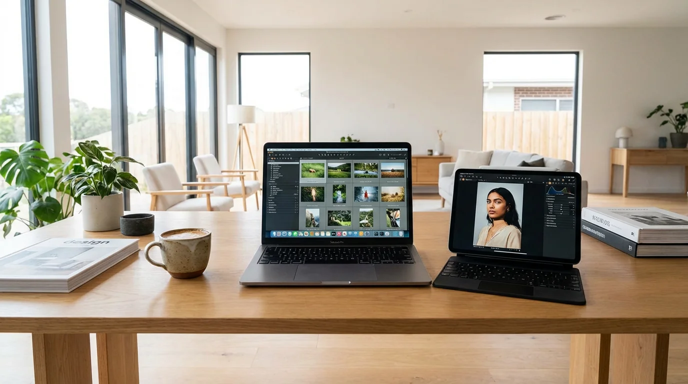 A modern workspace with a laptop and tablet displaying photo software.