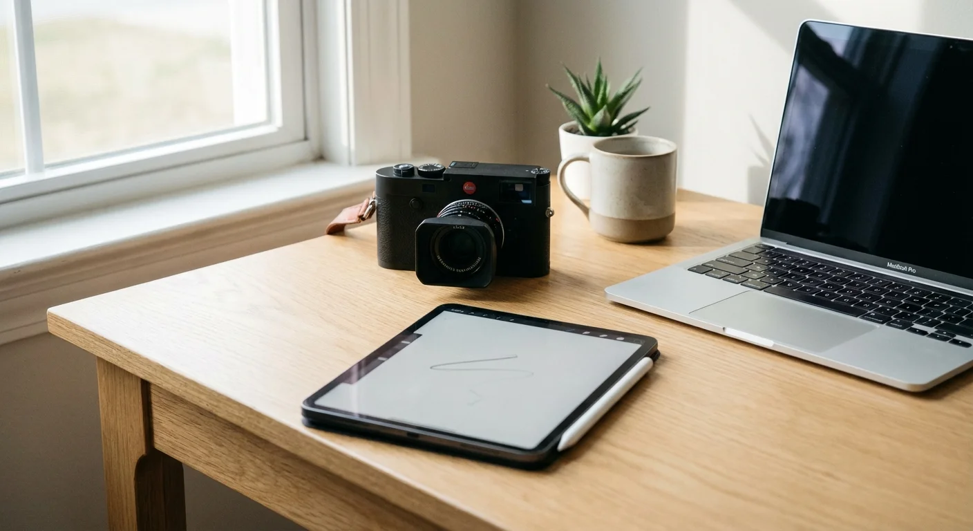 A modern workspace with a laptop, tablet, and camera, representing the tools used for professional photo editing.
