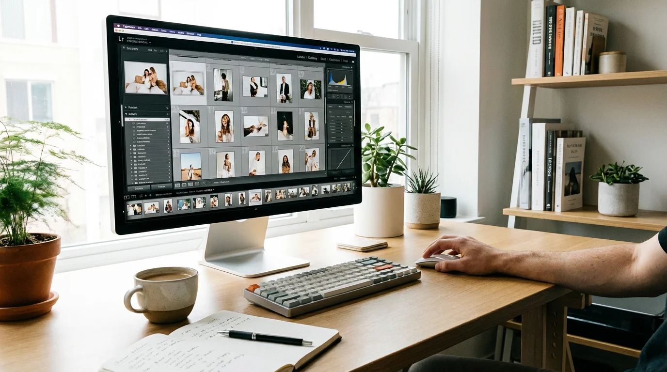 A modern workspace with professional photo editing software displayed on a large monitor.