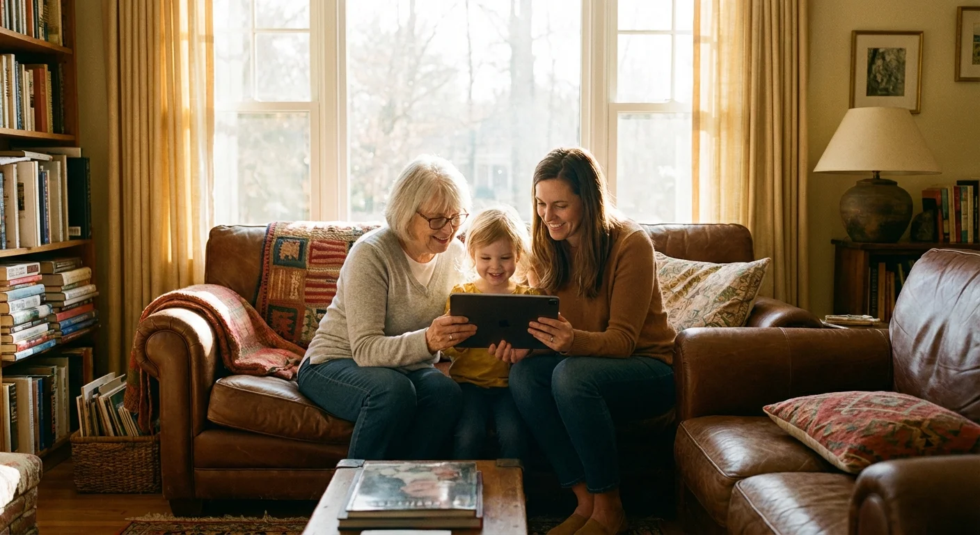A mother and child looking at photos on a tablet, representing the next generation of memories.