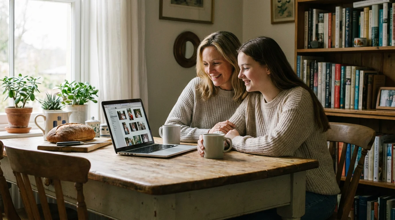 A mother and daughter looking at a digital photo album on a laptop in a kitchen.