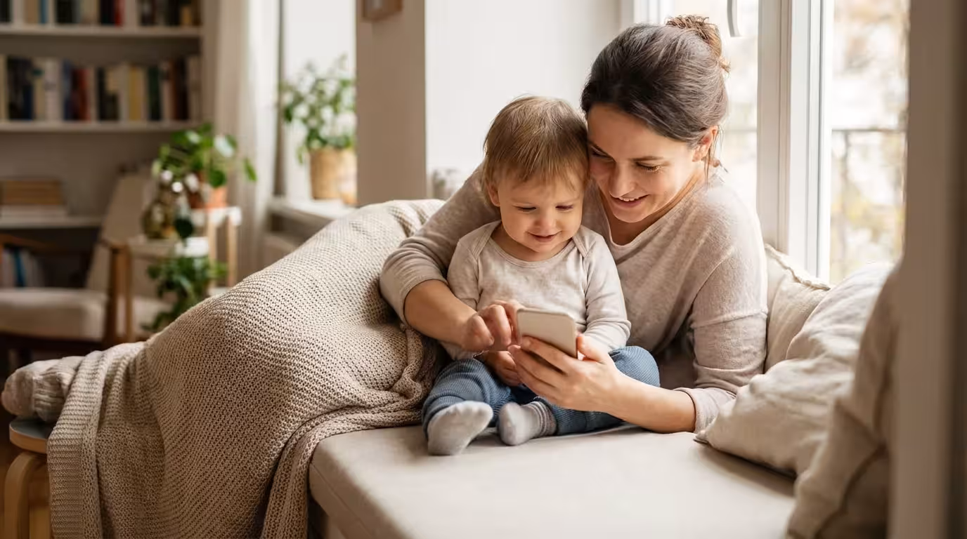 A mother and young child looking at a phone together in a private, cozy home setting.