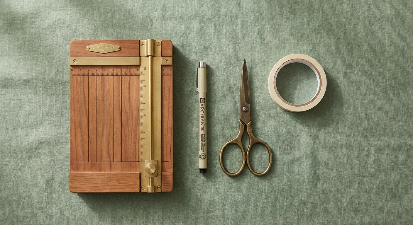 A neat arrangement of scrapbooking tools including scissors, a paper trimmer, and archival pens.