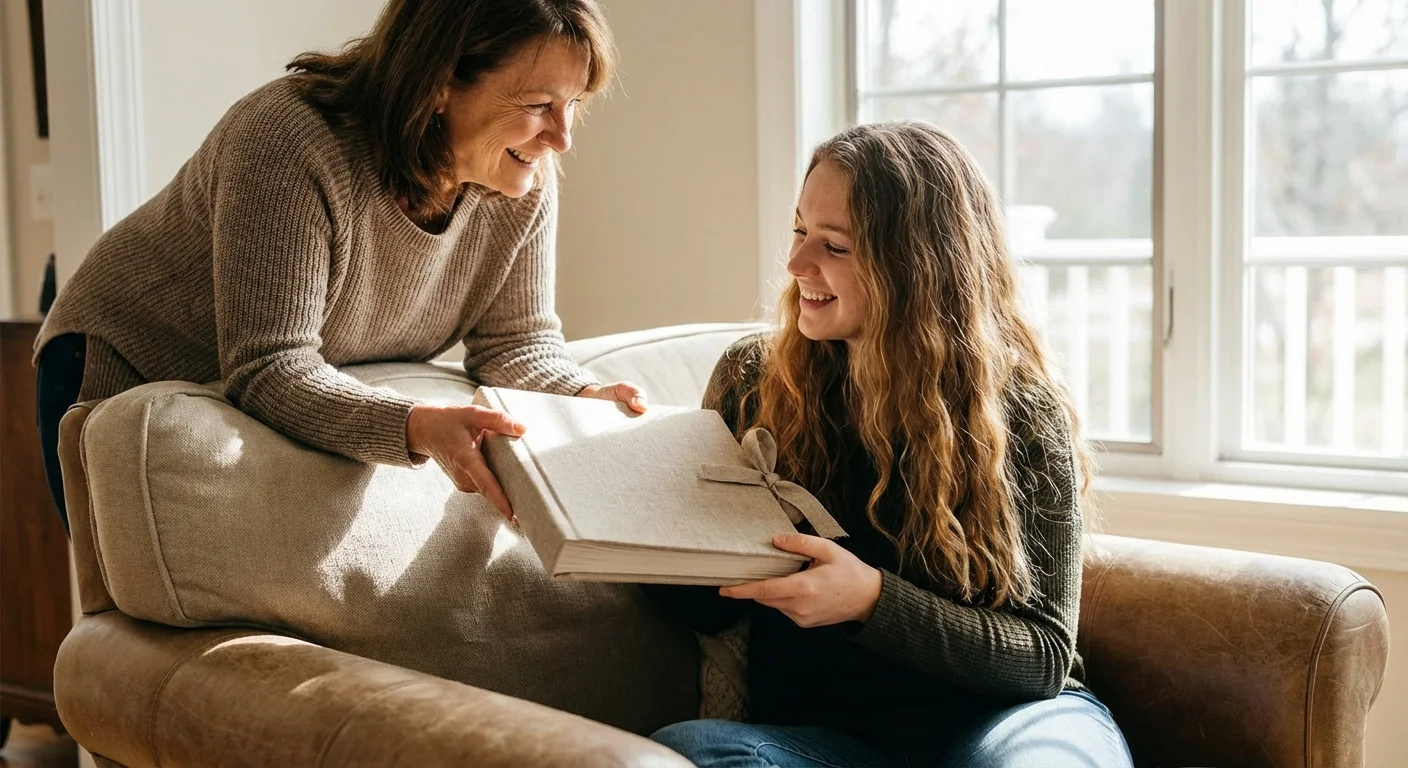 A parent passing a high-quality photo album to their adult child in a warm living room.