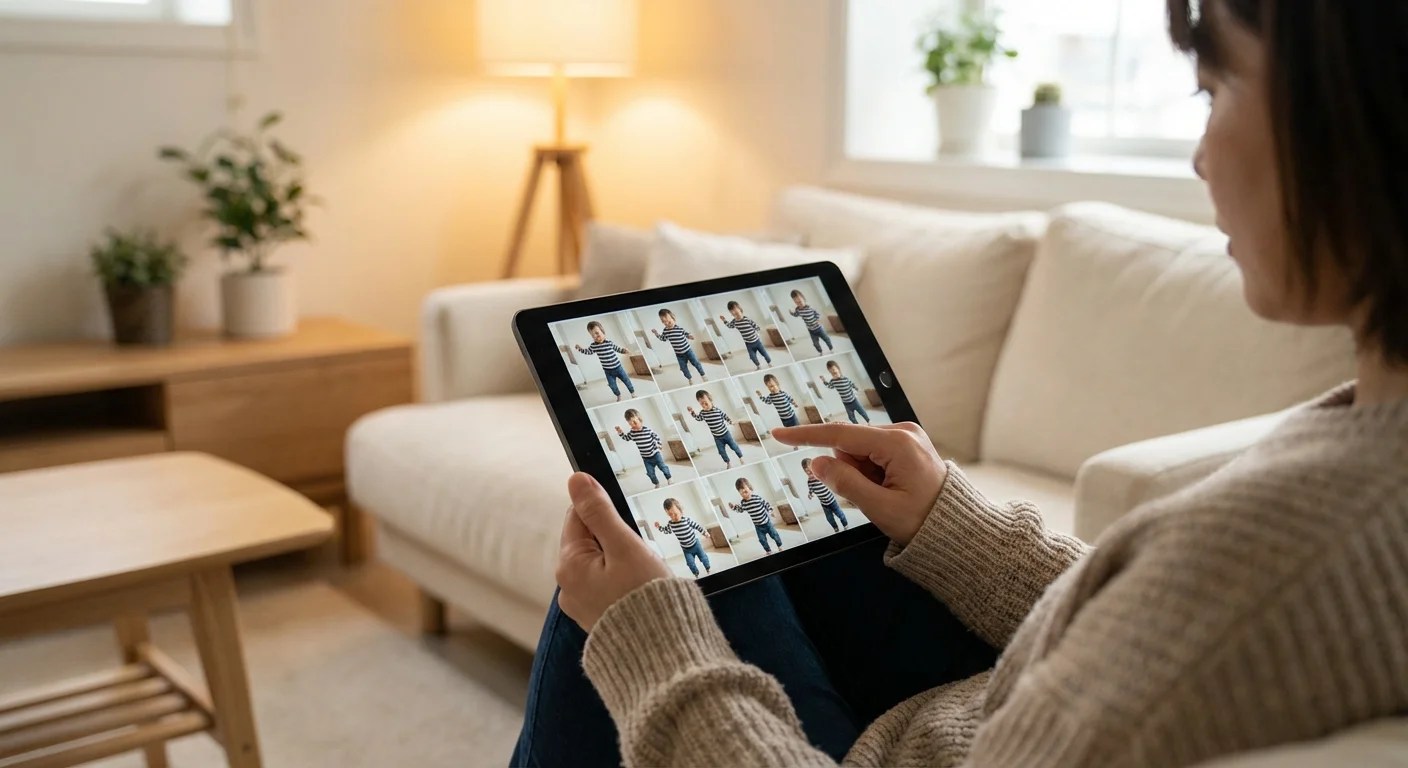 A parent reviewing a grid of photos on a tablet screen.