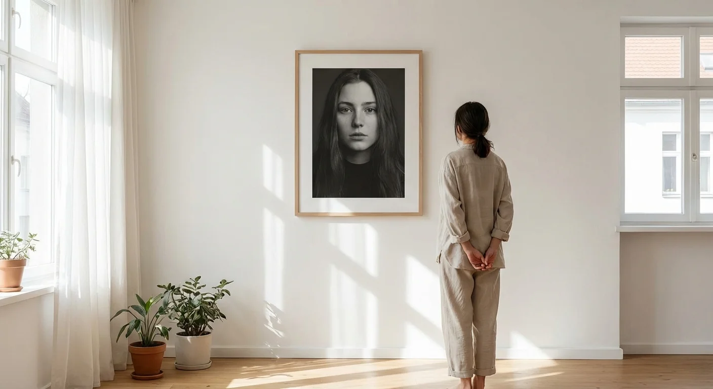 A person admiring a single framed photo on a minimalist wall in a bright room.