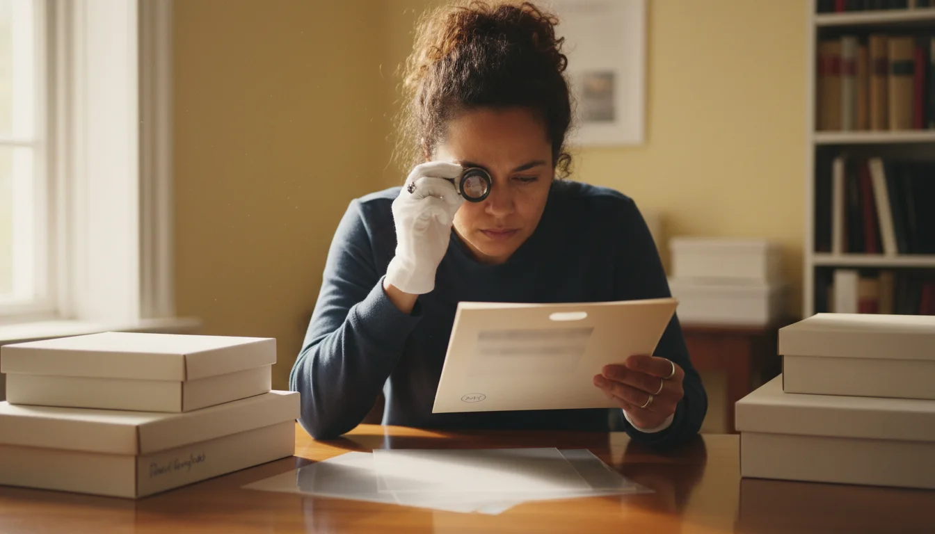 A person carefully examining generic archival photo storage boxes and sleeves on a wooden table, looking for certification labels.