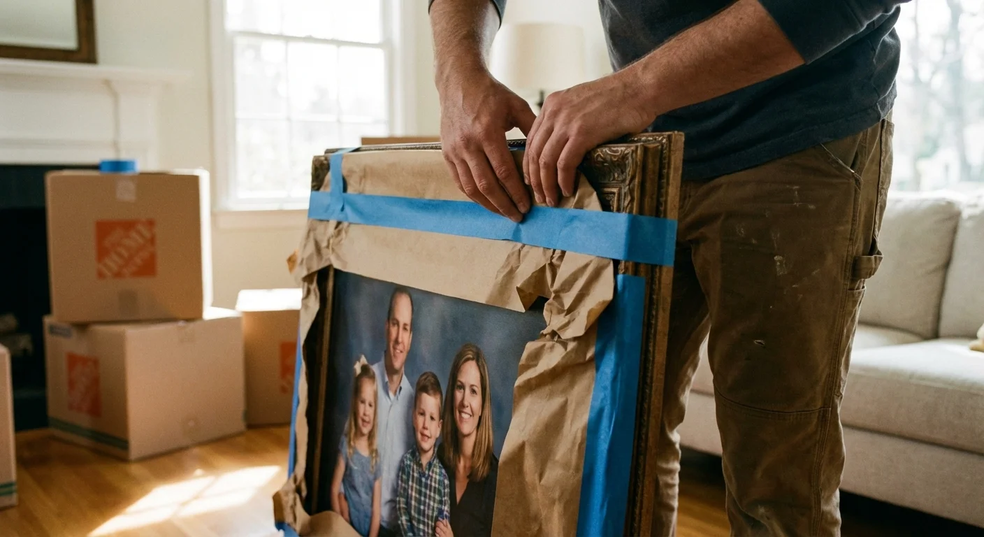 A person carefully wrapping a large framed photograph for a move using protective materials.