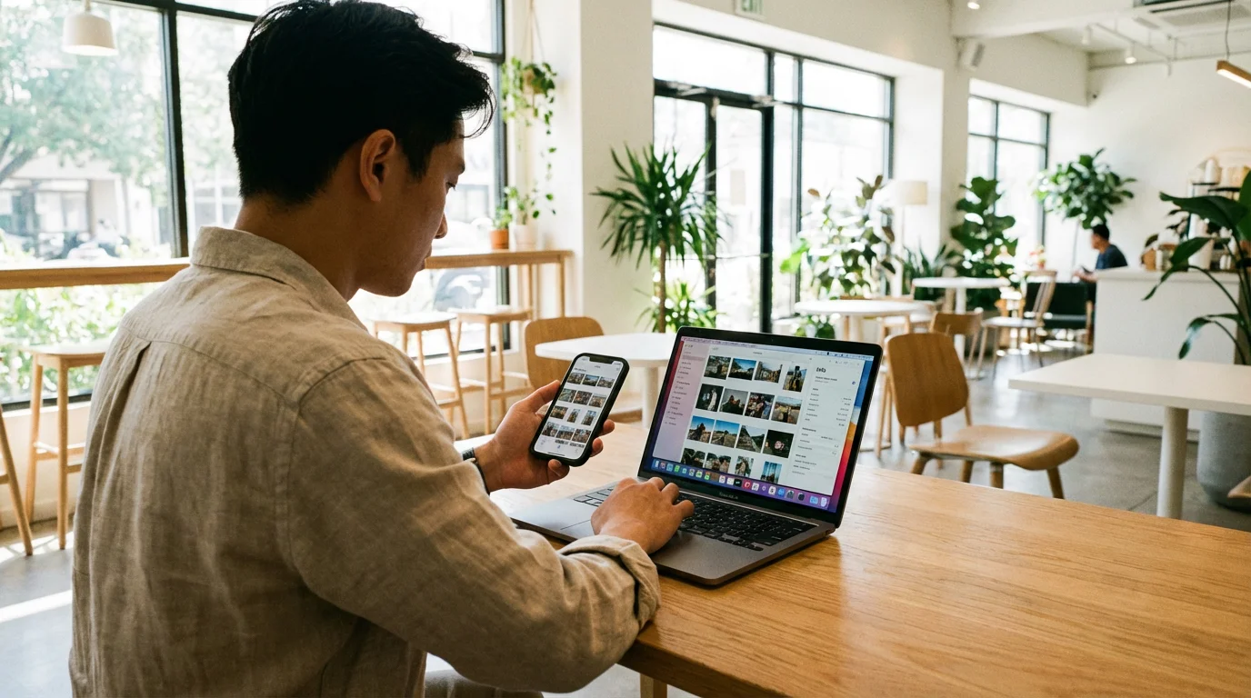 A person checking photo information on a smartphone and laptop in a bright, modern cafe.