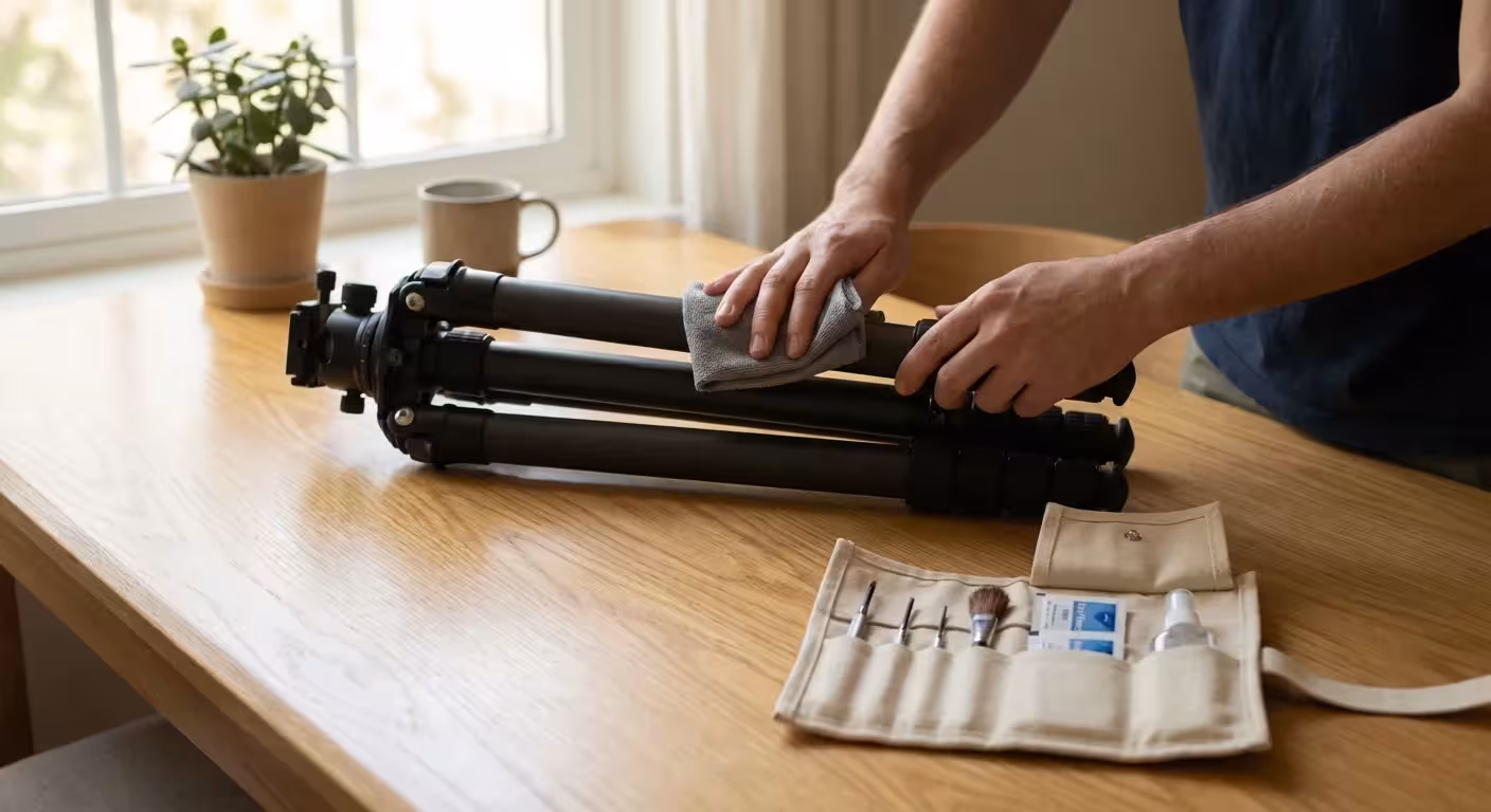 A person cleaning tripod legs with a cloth on a wooden table.