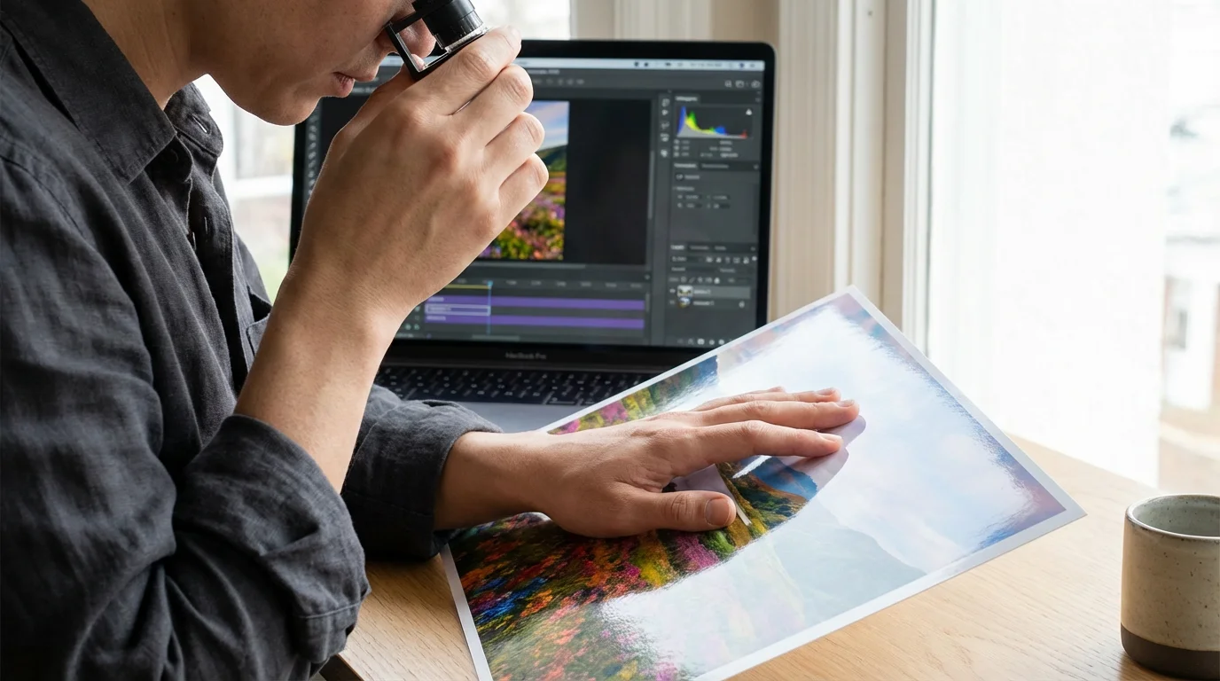 A person closely inspecting the print quality and color of a professional photograph.
