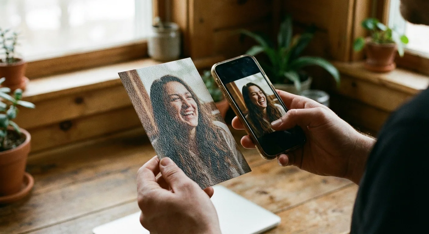 A person comparing a printed photo in their hand to the digital version on a phone.