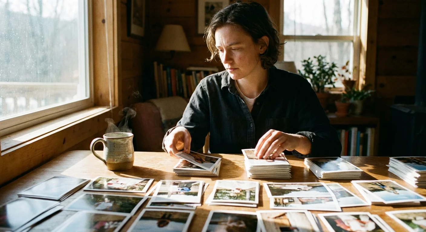 A person curating and sorting through physical photo prints on a sunlit wooden desk.