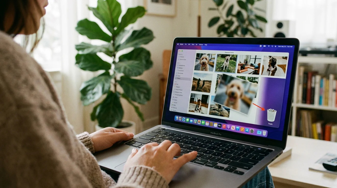 A person deleting blurry and duplicate photos from their computer screen.