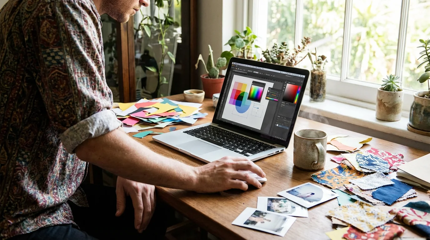 A person designing a custom photo book on a laptop surrounded by creative supplies.