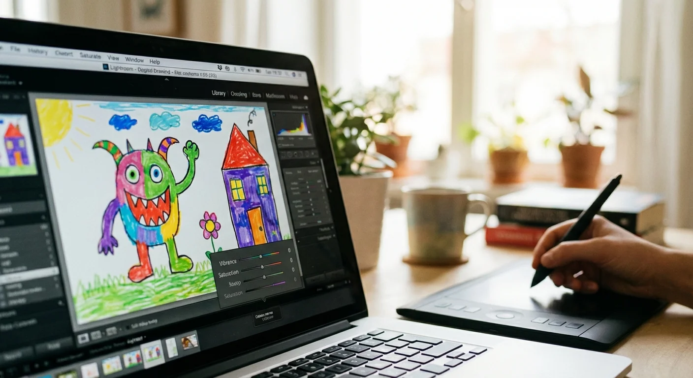 A person editing a digital version of a child's drawing on a laptop screen.