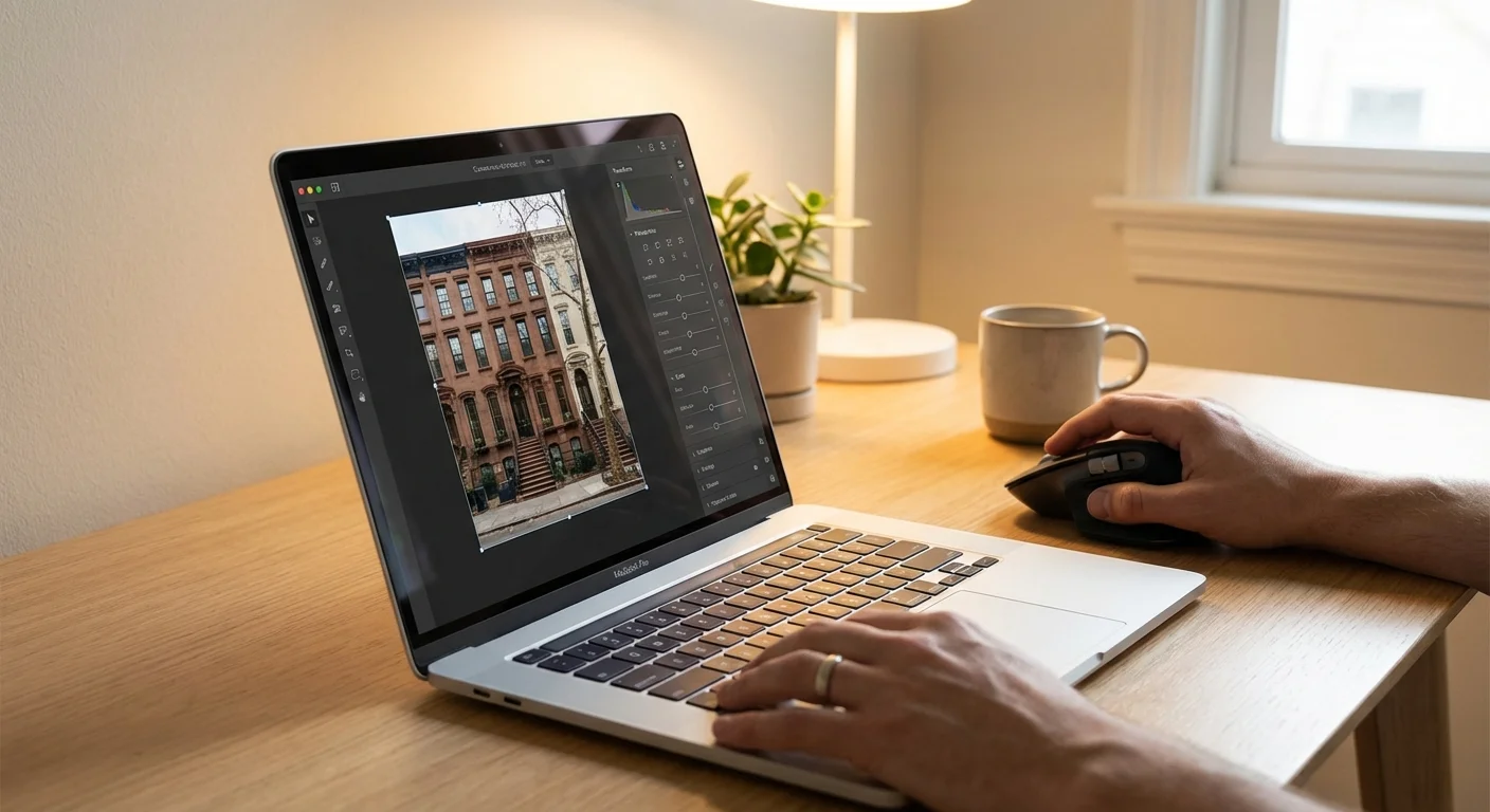 A person editing a photo of a building on a laptop to straighten its lines.