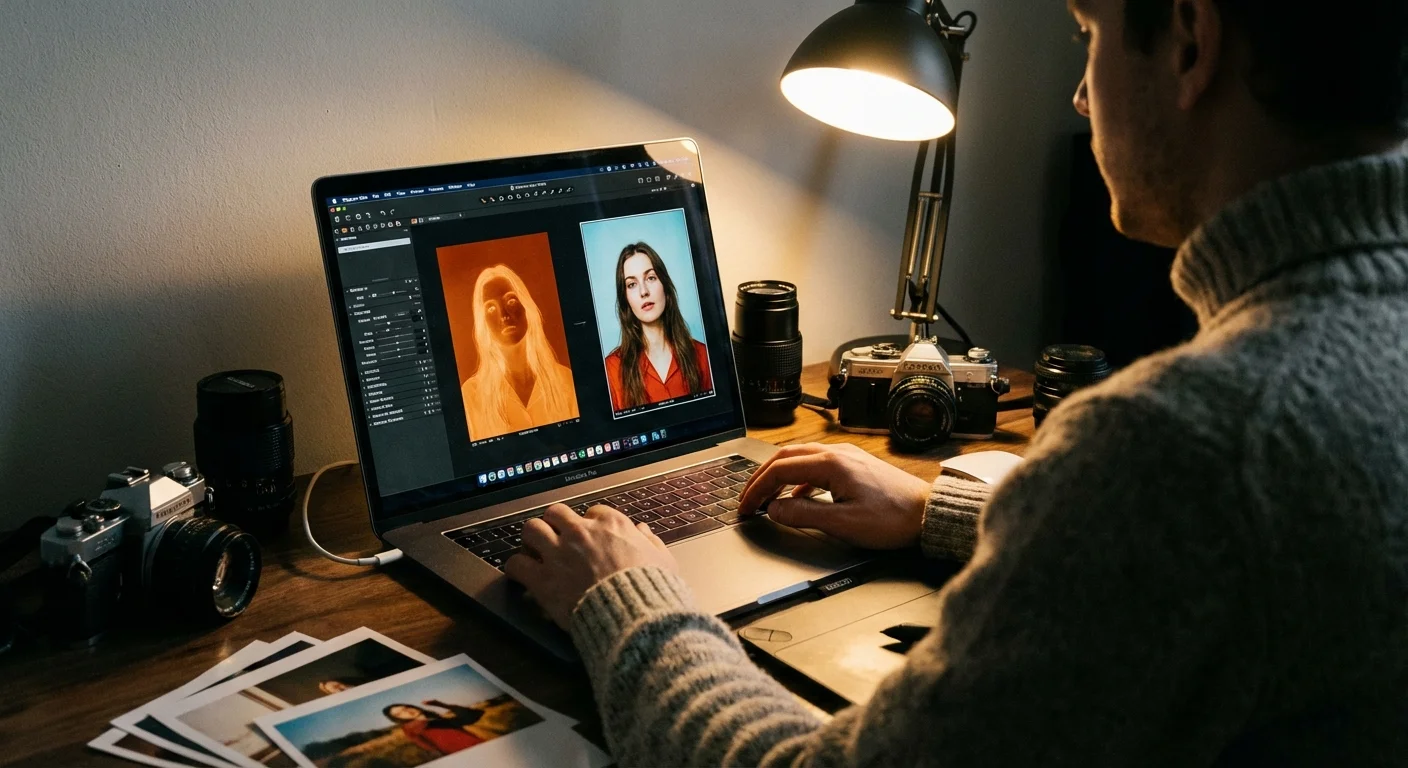 A person editing a photo on a laptop, converting a film negative into a full-color image.