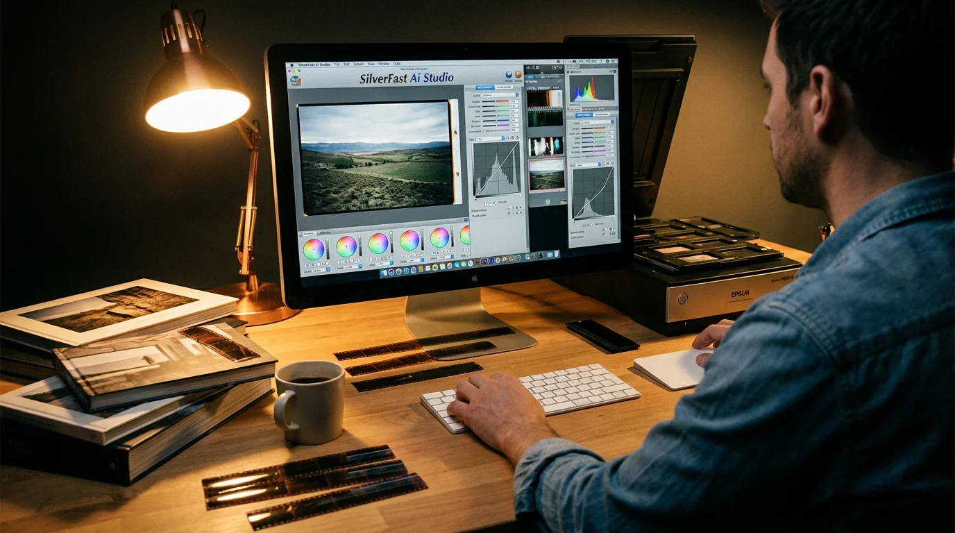 A person editing a scanned photo using professional software on a large computer monitor.