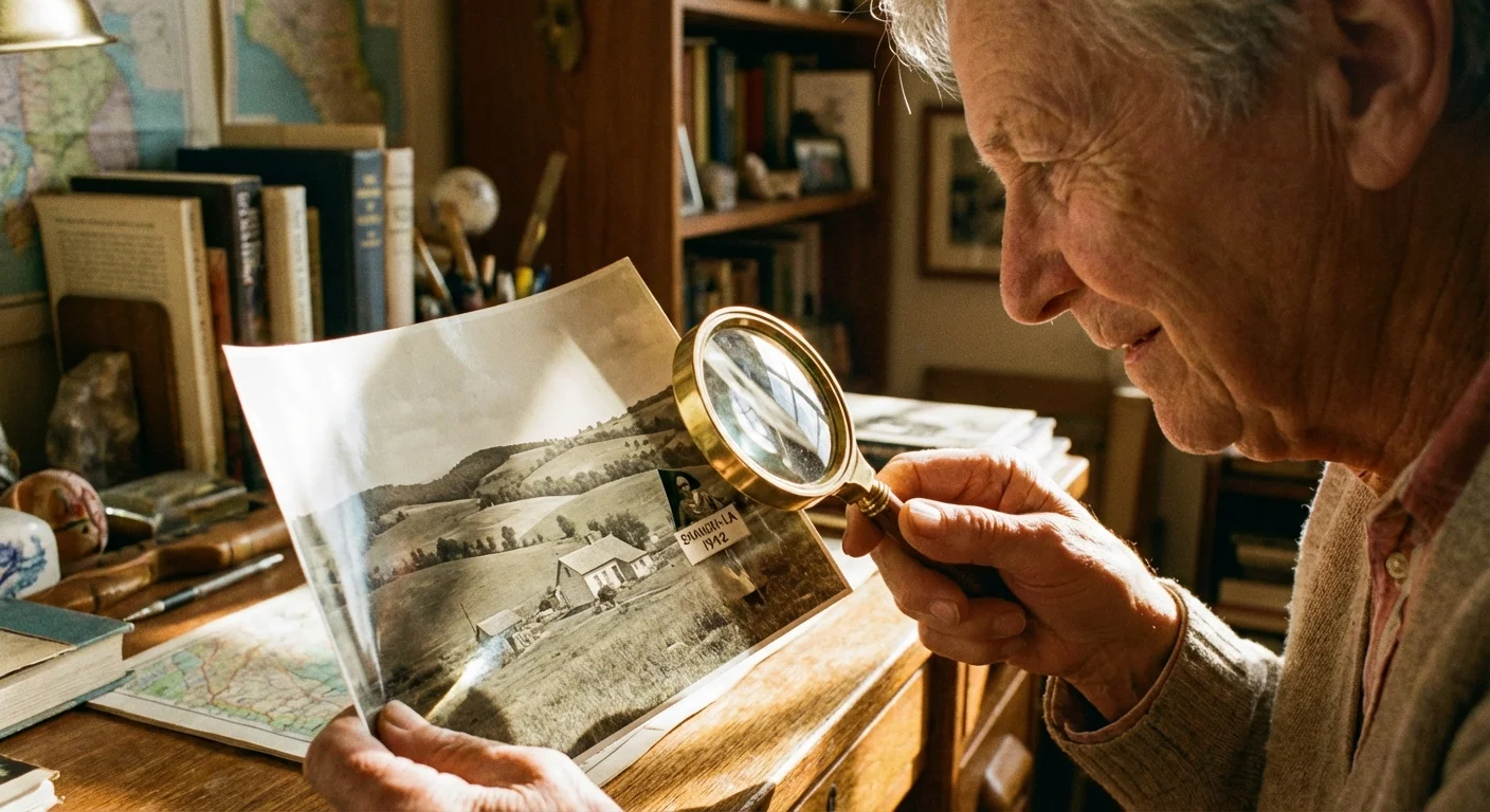 A person examining an old photograph with a magnifying glass to identify missing details.