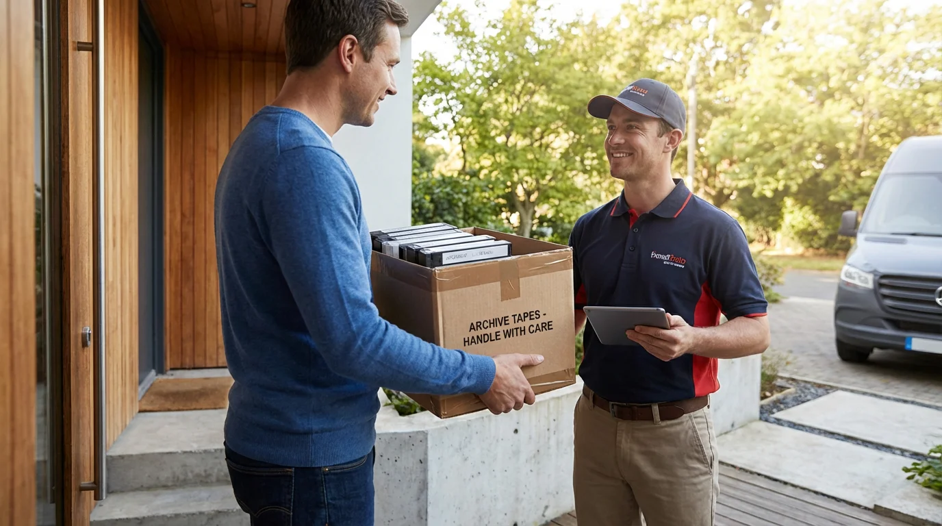 A person handing a box of memories to a courier, illustrating the use of a professional transfer service.